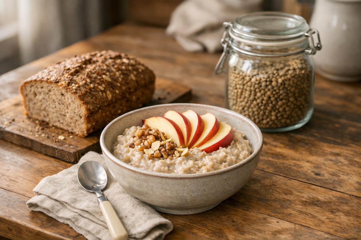 Haferflocken, Vollkornbrot und Linsen auf dem Küchentisch