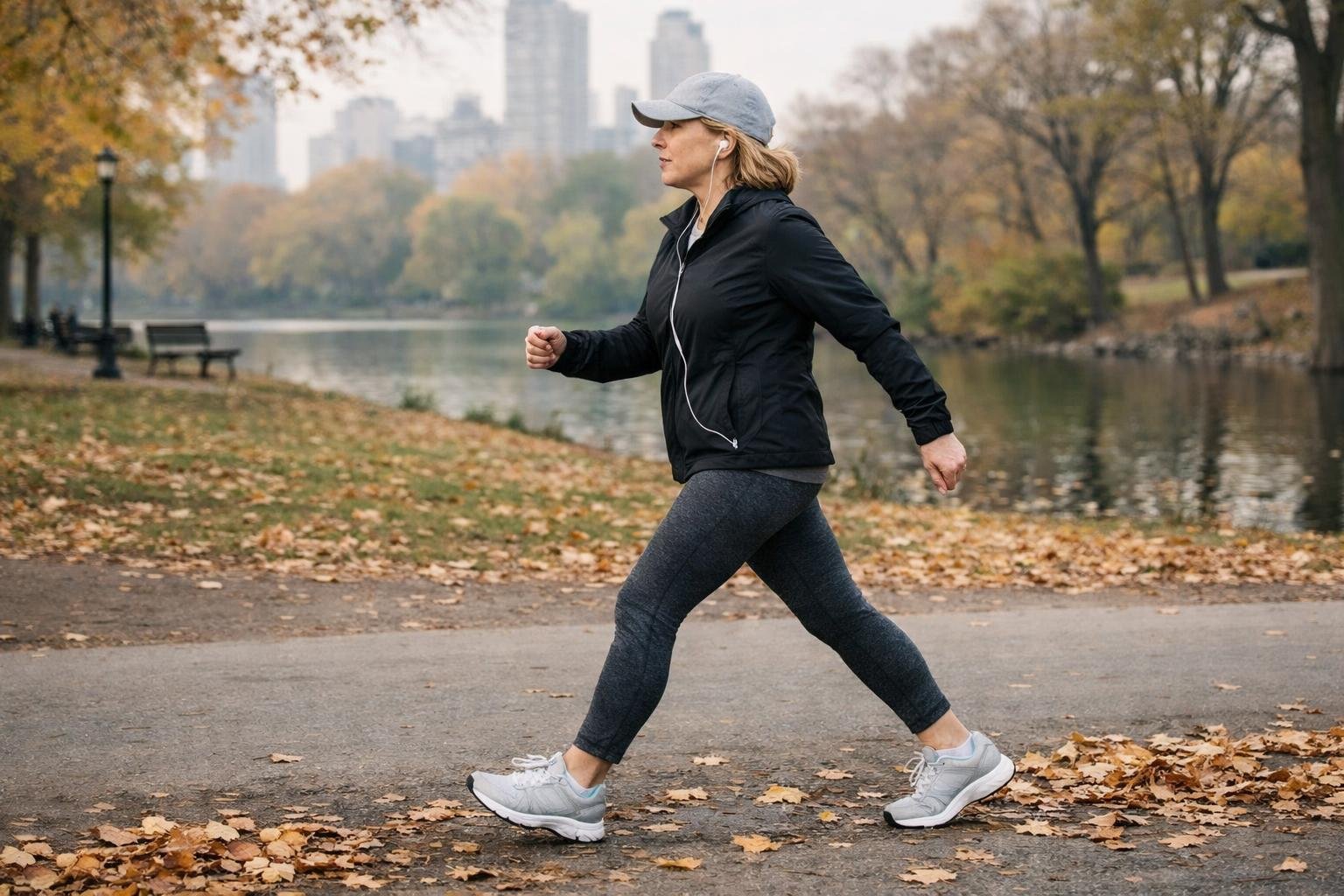 Frau geht zügig durch einen herbstlichen Park