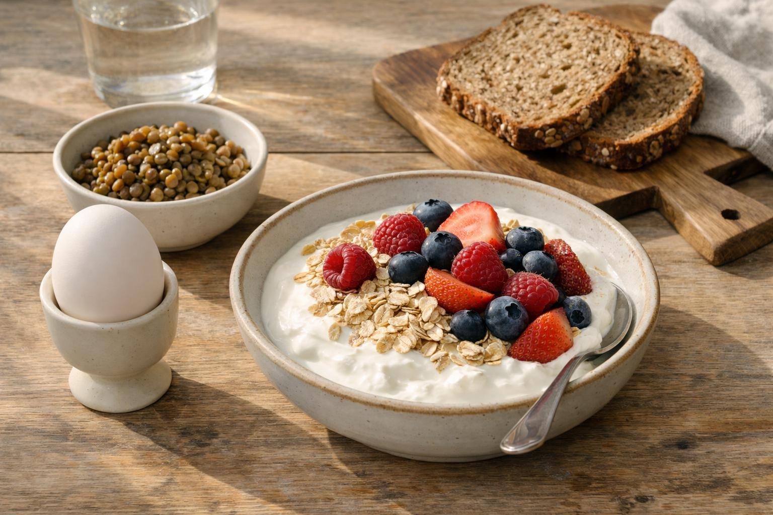 Frühstückstisch mit Quark, Haferflocken, Ei, Linsen und Vollkornbrot