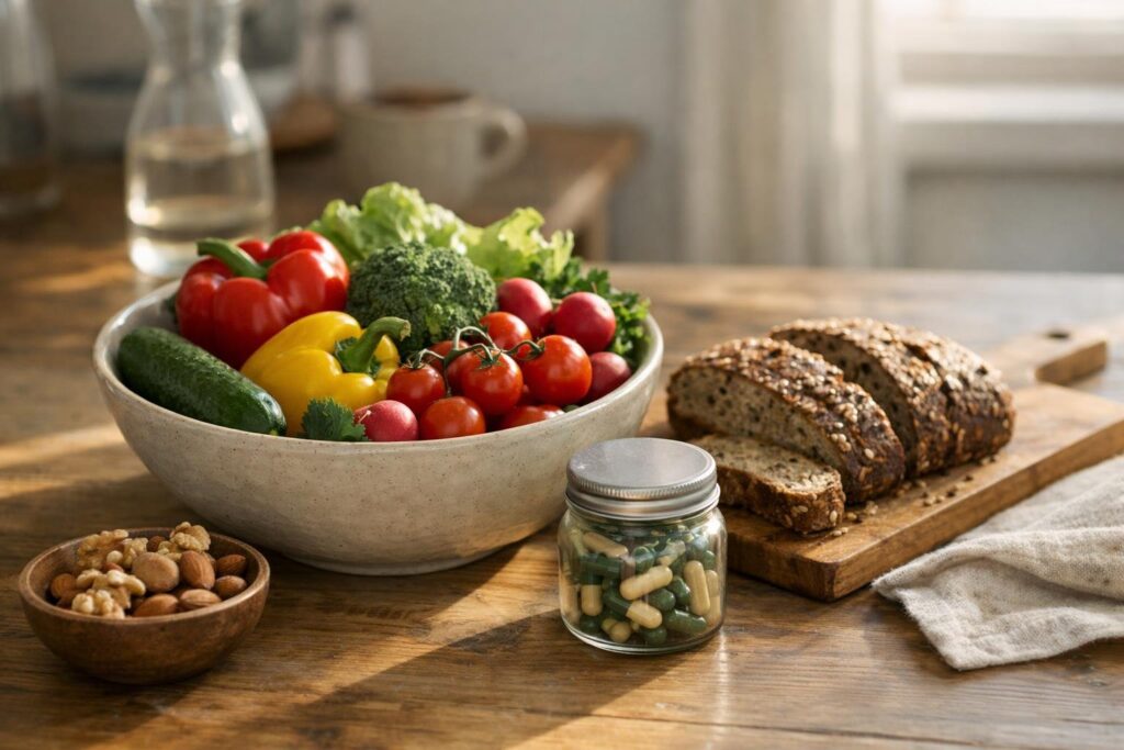 Frühstückstisch mit Gemüse, Nüssen und Vollkornbrot neben einer Dose
