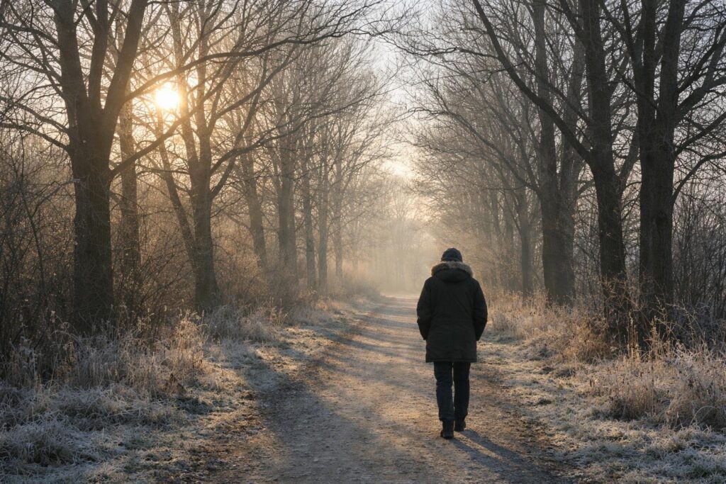 Spaziergang an einem kalten, sonnigen Wintermorgen